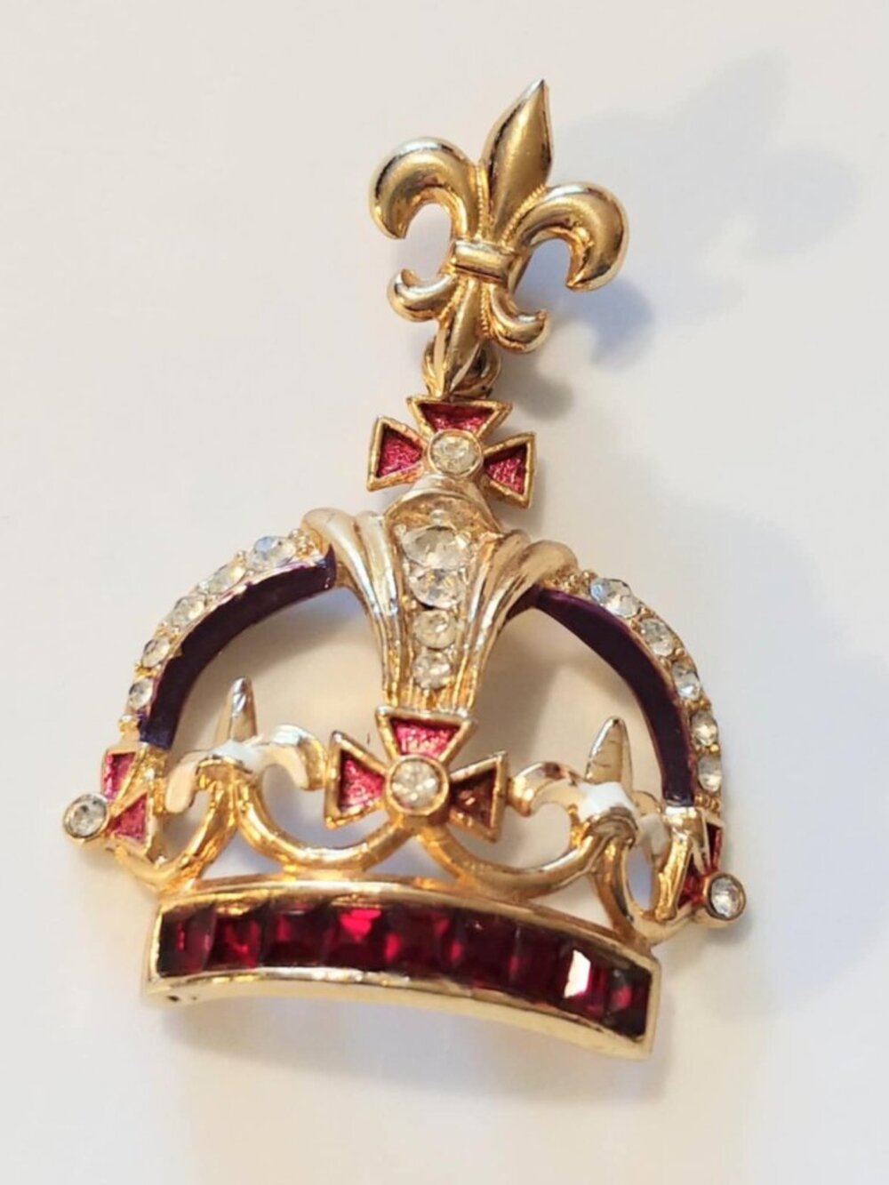 Vintage Ruby Red Rhinestone King's Goldtone Crown Pendant Hand Painted accents